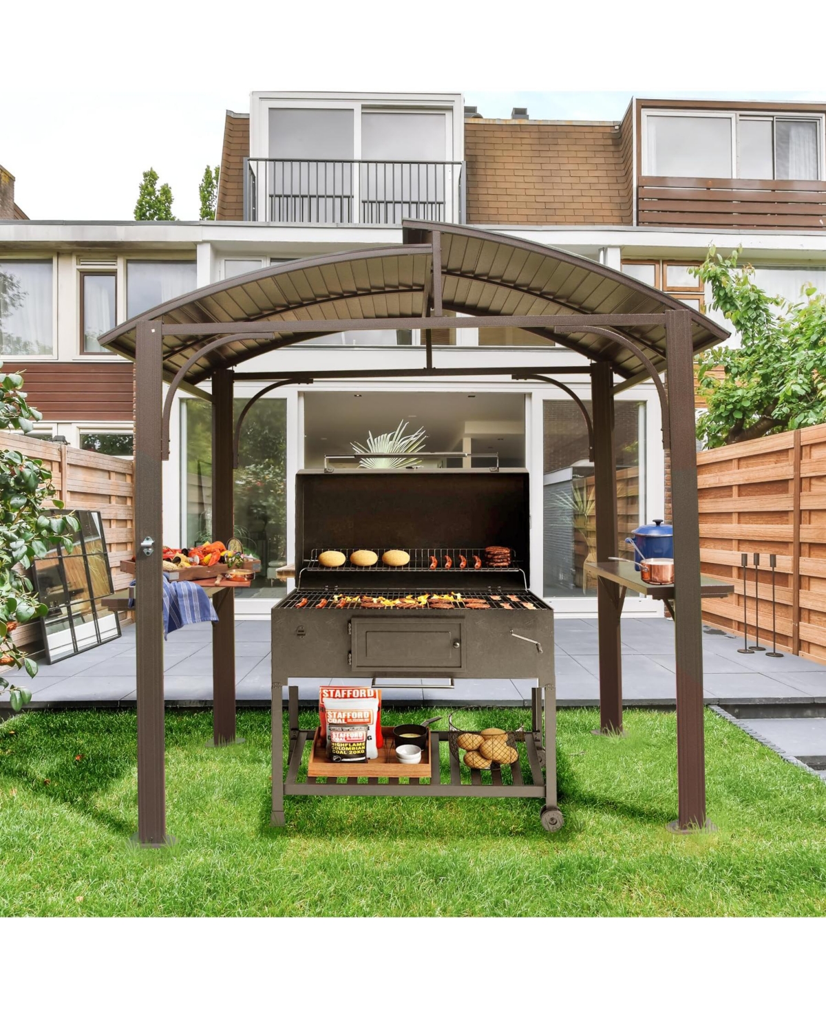 8x5FT Arc Roof, Grill Canopy for Outdoor Grill w/Double Galvanized Steel Roof and 2 Side Shelves, Bbq Gazebo Grill Tent for Patio Garden Backyard, Bro