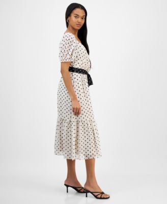 Women's Dot-Print Short-Sleeve Midi Chiffon Dress