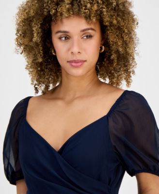 Women's Puff-Sleeve Belted Midi Dress