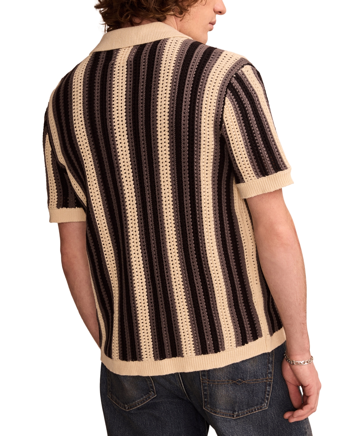 LUCKY BRAND MEN'S SHORT SLEEVE STRIPED CARDIGAN SWEATER 
