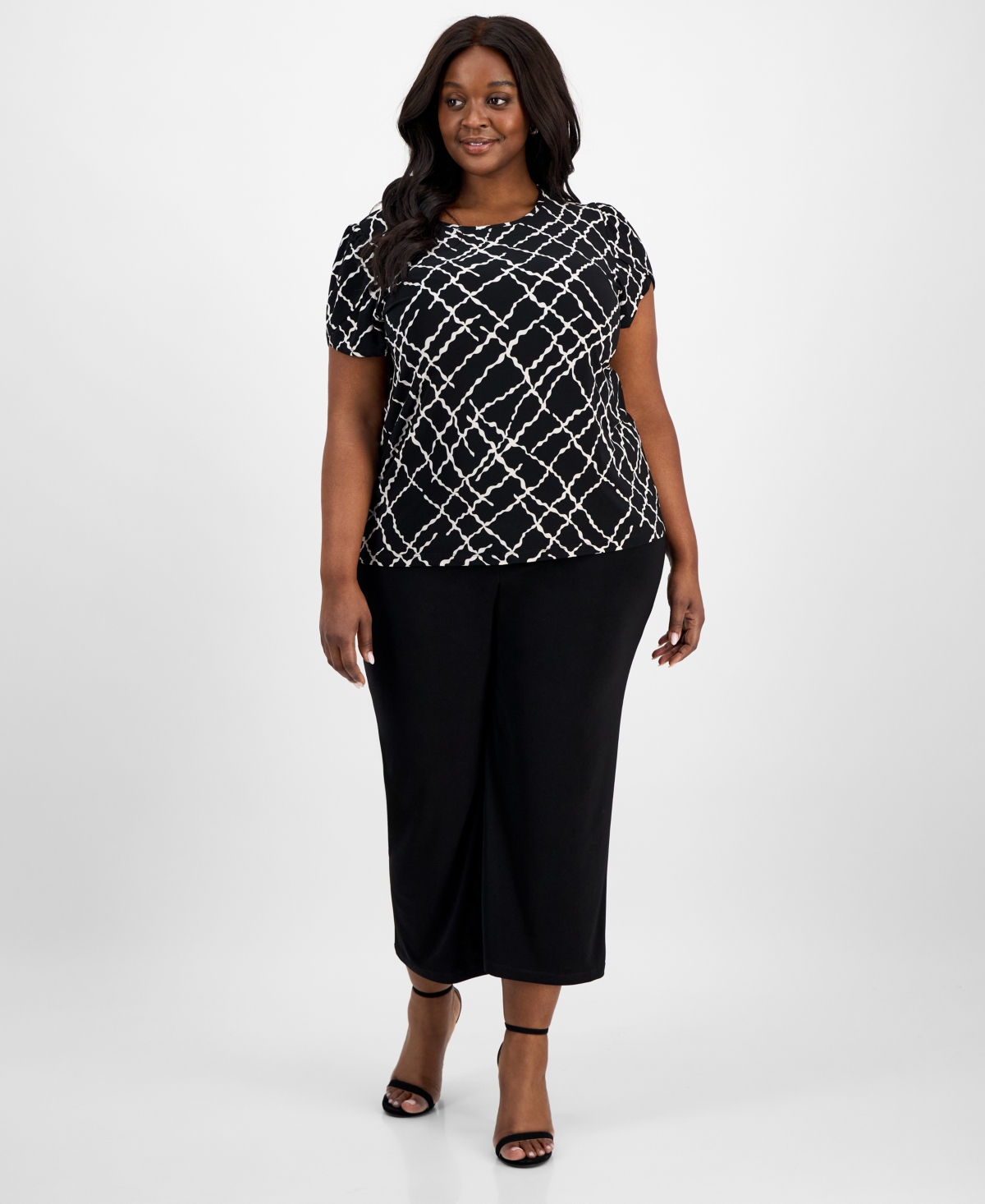 AK ANNE KLEIN PLUS SIZE PRINTED TULIP-SLEEVE BLOUSE 