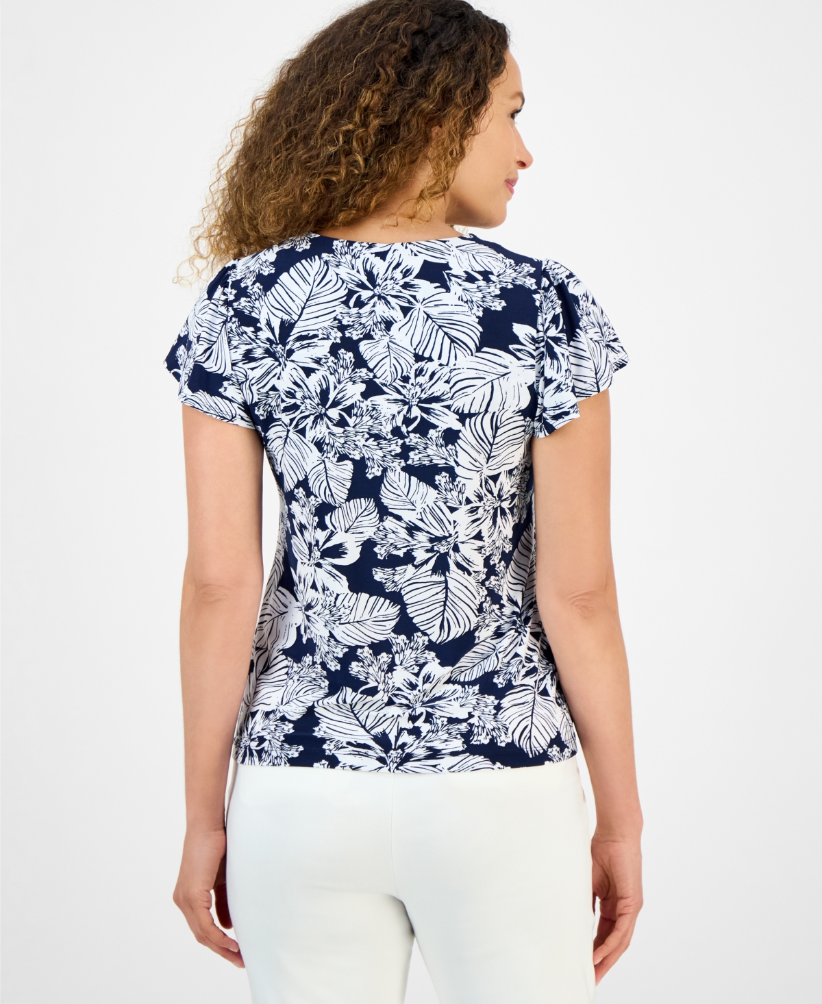 Jones New York Petite Botanical-print Keyhole Top In Blue