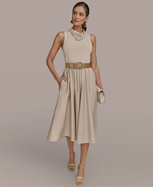 alfani Donna Karan New York Women's Mixed-Media Belted Midi Dress Women's Fashion Shoes & Accessories