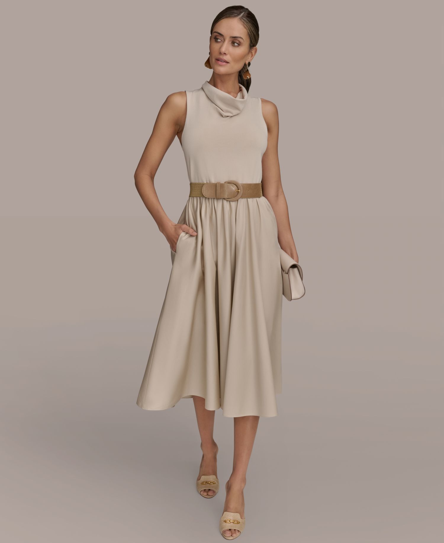 Women's Mixed-Media Belted Midi Dress