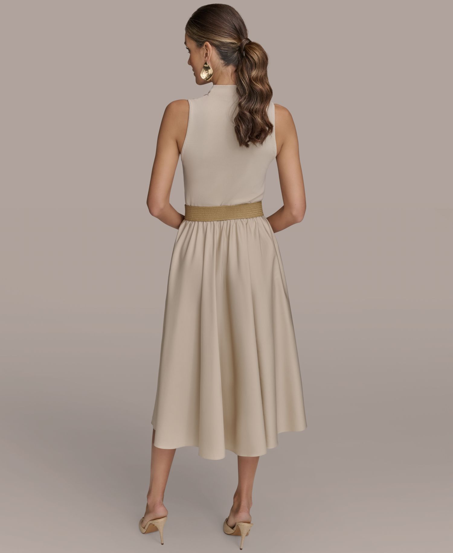 Women's Mixed-Media Belted Midi Dress