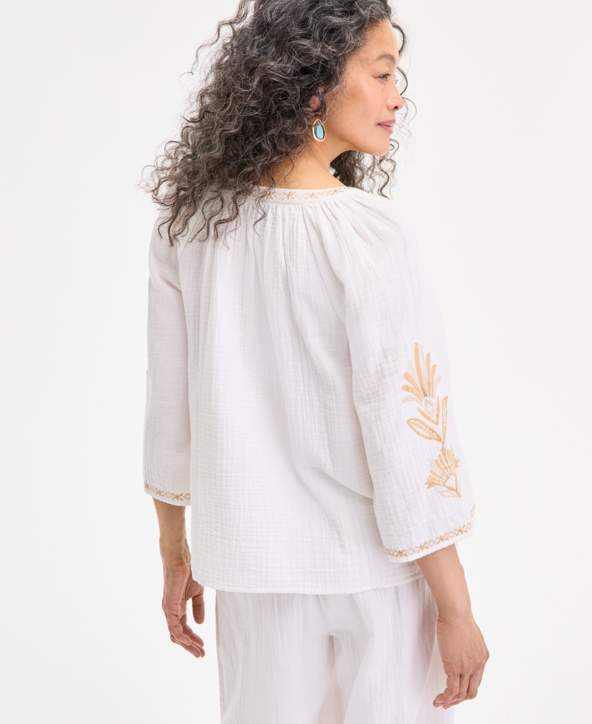 Style & Co Petite Cotton Embroidered Flare-sleeve Top, Exclusively At Macy's