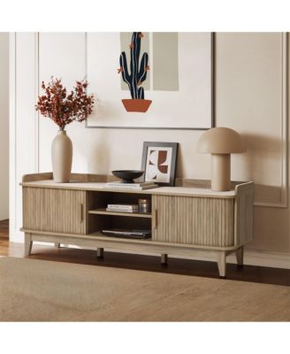 63" Oak Mid-Century Modern Tambour-Style TV Stand with Tray Top & 2 Doors