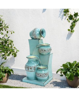 Light Blue 4-Tier Ornate Jugs 2.5-Feet Tall Outdoor Polyresin Fountain with Lights