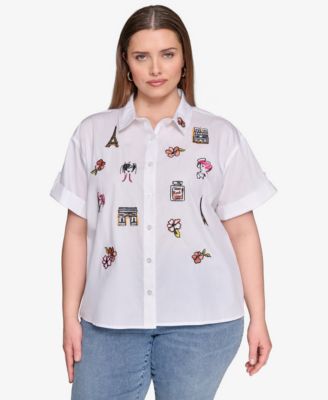 KARL LAGERFELD PARIS - Plus Size Cotton Embroidered Camp Shirt