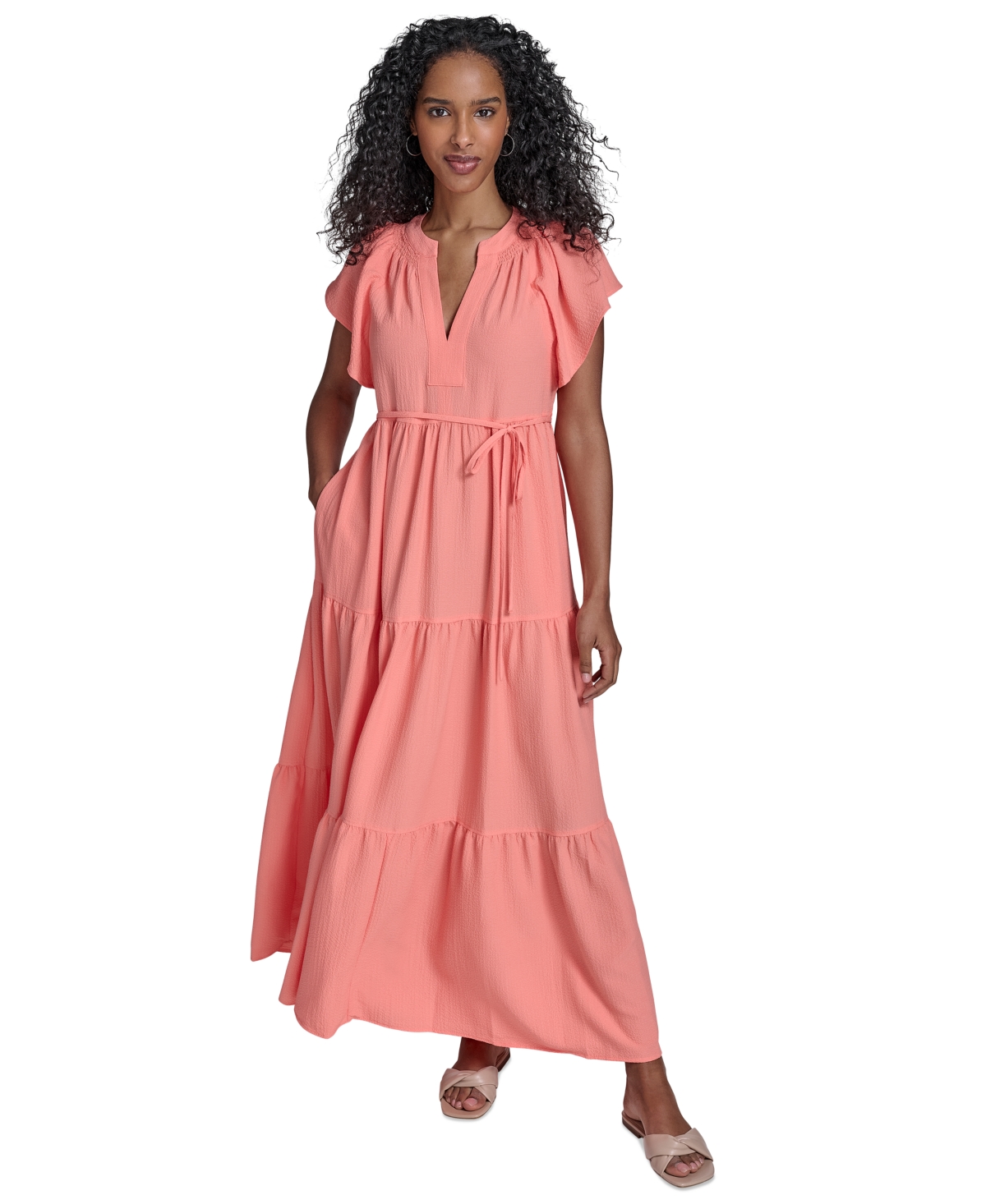 Calvin Klein Women's Split-neck Tiered Maxi Dress