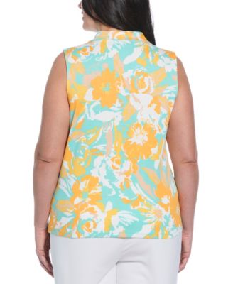 Plus Size Floral Print Ribbed Sleeveless Polo T-Shirt