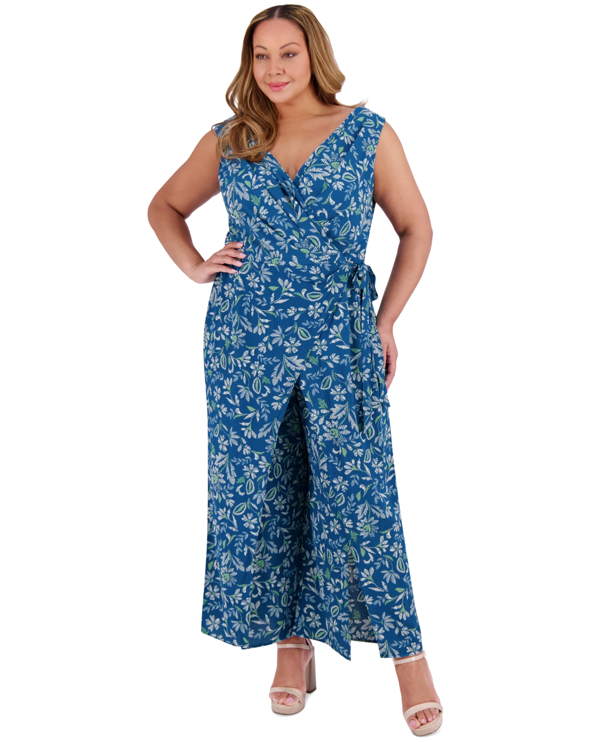 Plus Size Printed Walk-Through Jumpsuit - Teal Cream