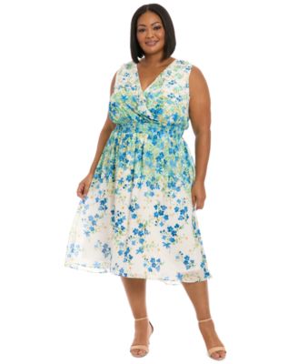 London Times - Plus Size V-Neck Smocked Waist Midi Dress