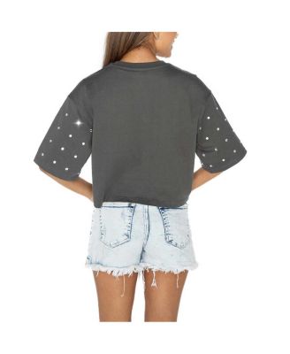 Women's Gray Michigan Wolverines Go Time Rhinestone Crop T-Shirt