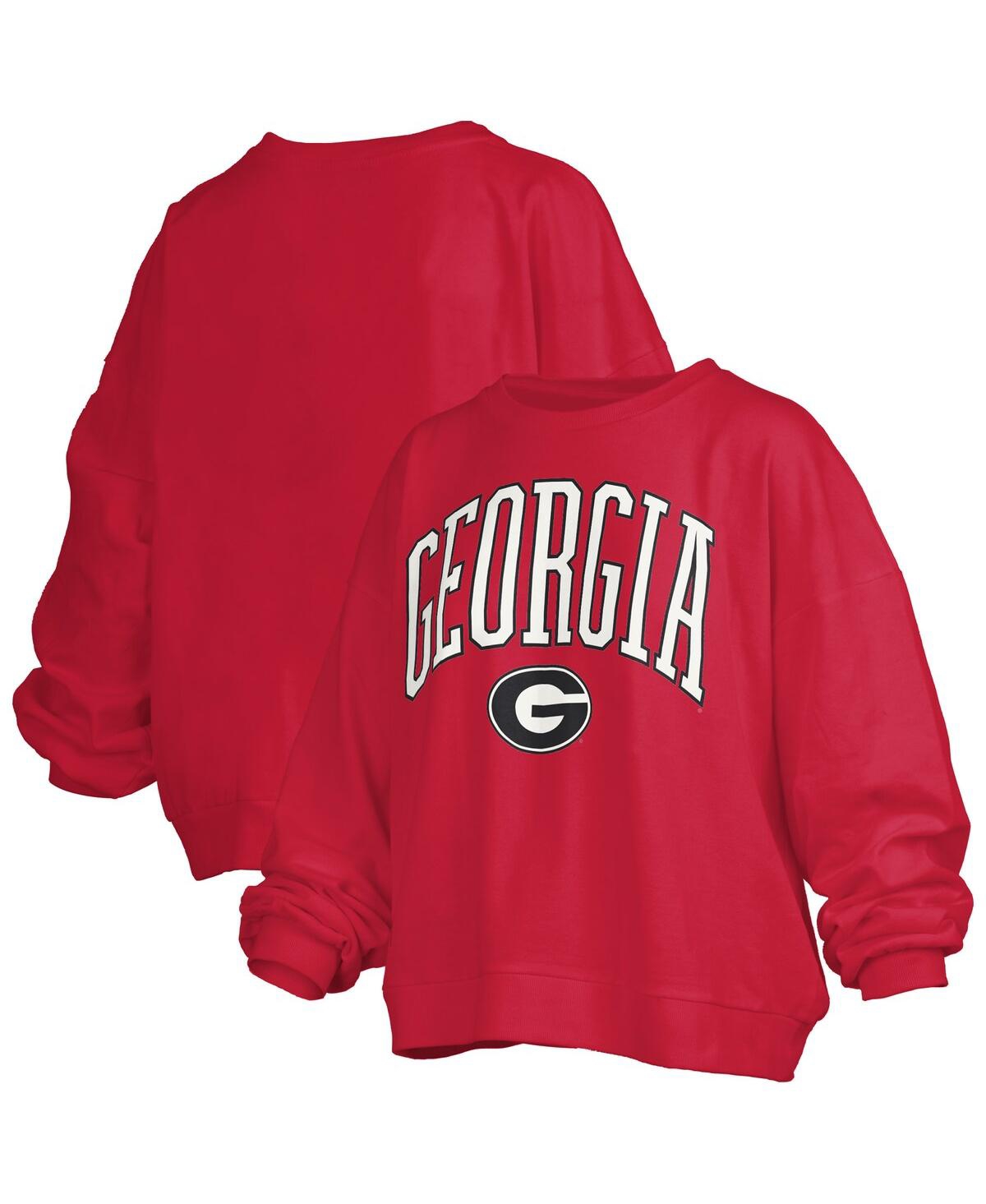 PRESSBOX WOMEN'SÂ RED GEORGIA BULLDOGS JANISE ARCH OVER LOGO WAIST LENGTH OVERSIZED PULLOVER SWEATSHIRT 