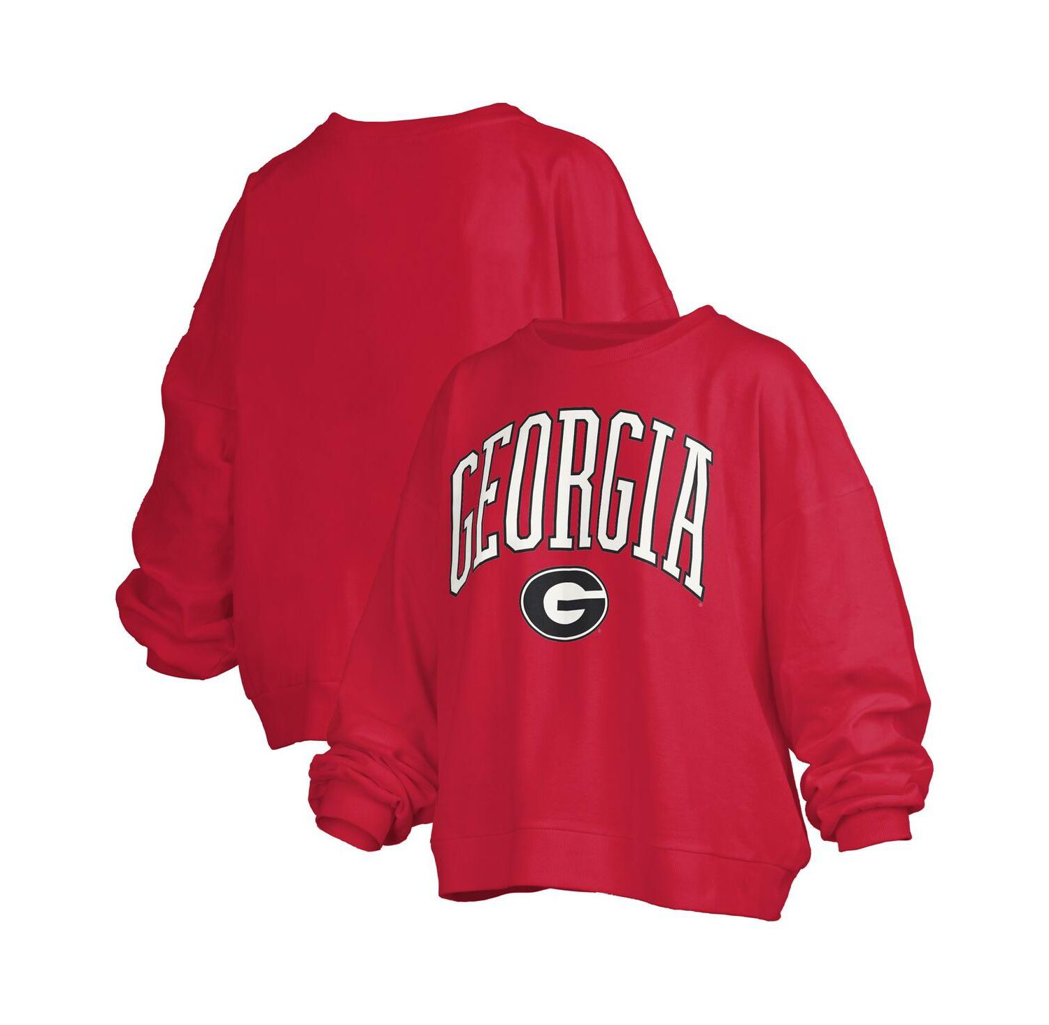 Women's Red Georgia Bulldogs Janise Arch Over Logo Waist Length Oversized Pullover Sweatshirt