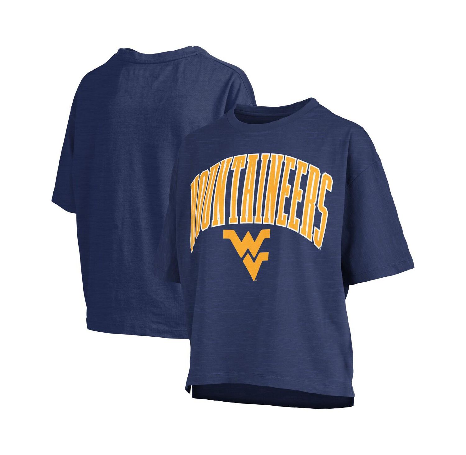 Women's Navy West Virginia Mountaineers Nelson Arch Over Logo Waist Length Oversized Slub T-Shirt