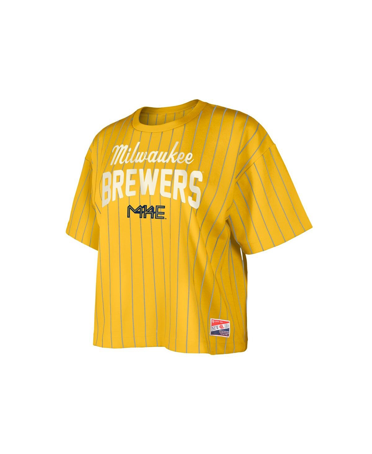 NEW ERA WOMEN'S GOLD MILWAUKEE BREWERS CITY CONNECT MULTIPLIER PINSTRIPE CROPPED T-SHIRT 
