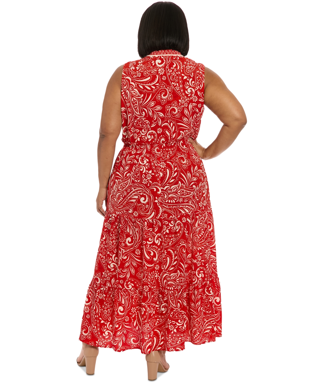 London Times Plus Size Ruffled-neck Tiered Maxi Dress In Red