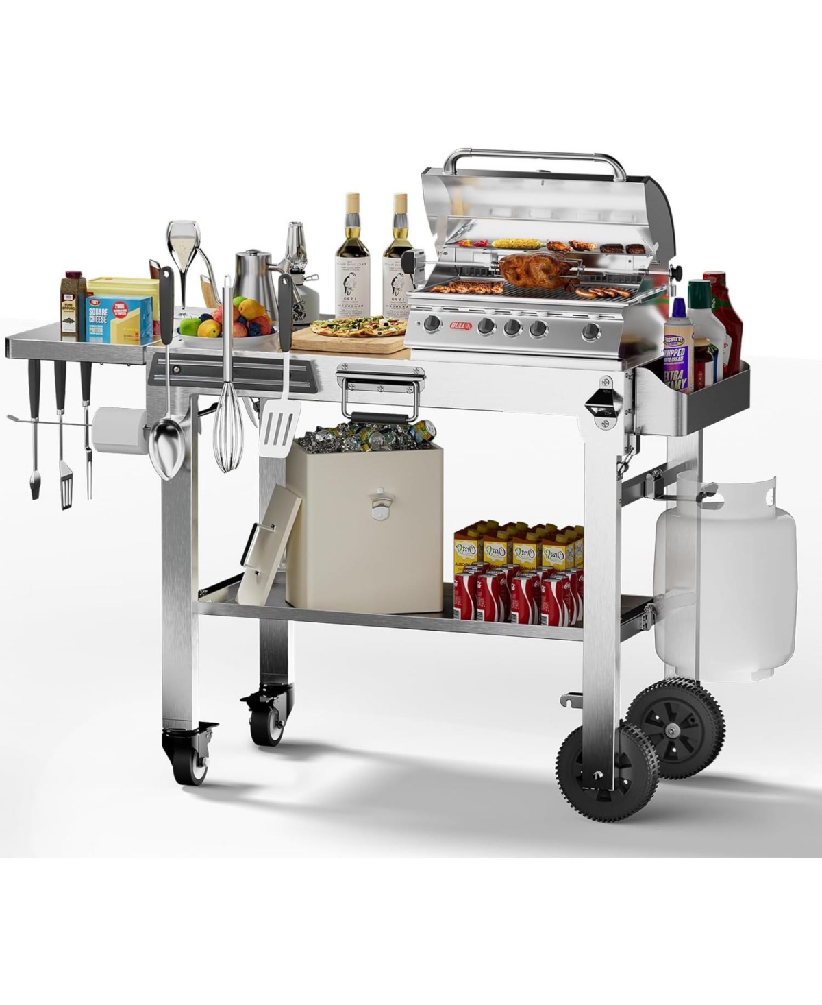 Food Grade 304 Stainless Steel Outdoor Grill Table with 4 Swivel Casters, Portable Pizza Oven Table with Hooks, Folding Bbq Grill Cart for Rv/C
