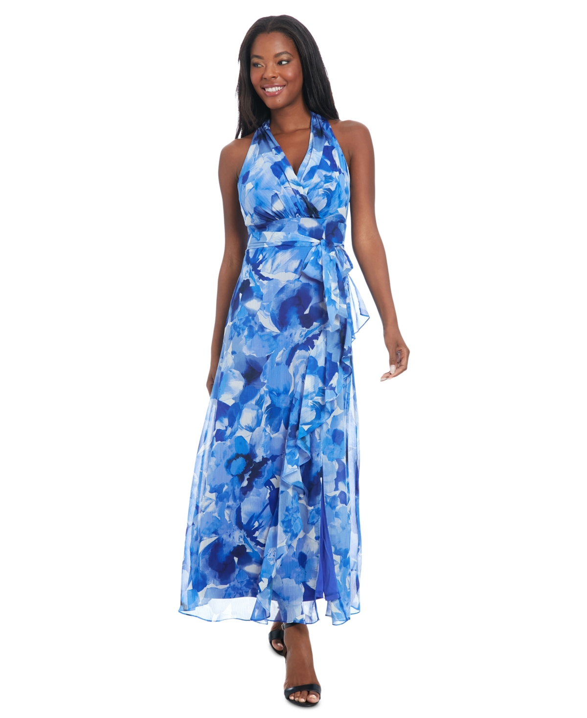 Petite Printed Side-Tie Ruffle-Trim Maxi Dress - Blue Denim