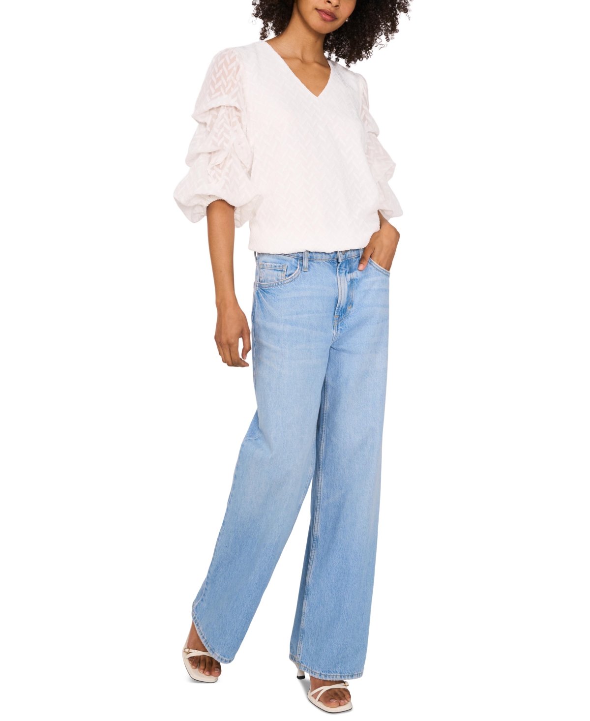 VINCE CAMUTO WOMEN'S BUBBLE-SLEEVE JACQUARD TOP 
