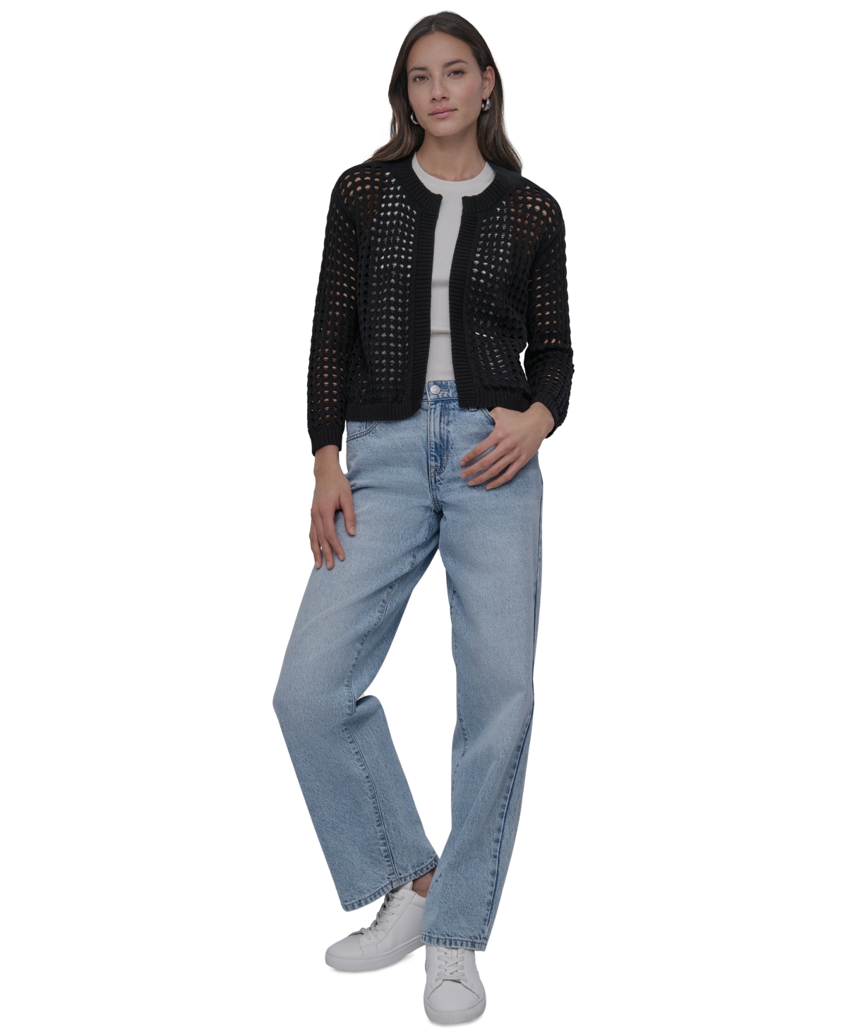 DKNY JEANS PETITE COTTON OPEN-STITCH LONG-SLEEVE CARDIGAN 