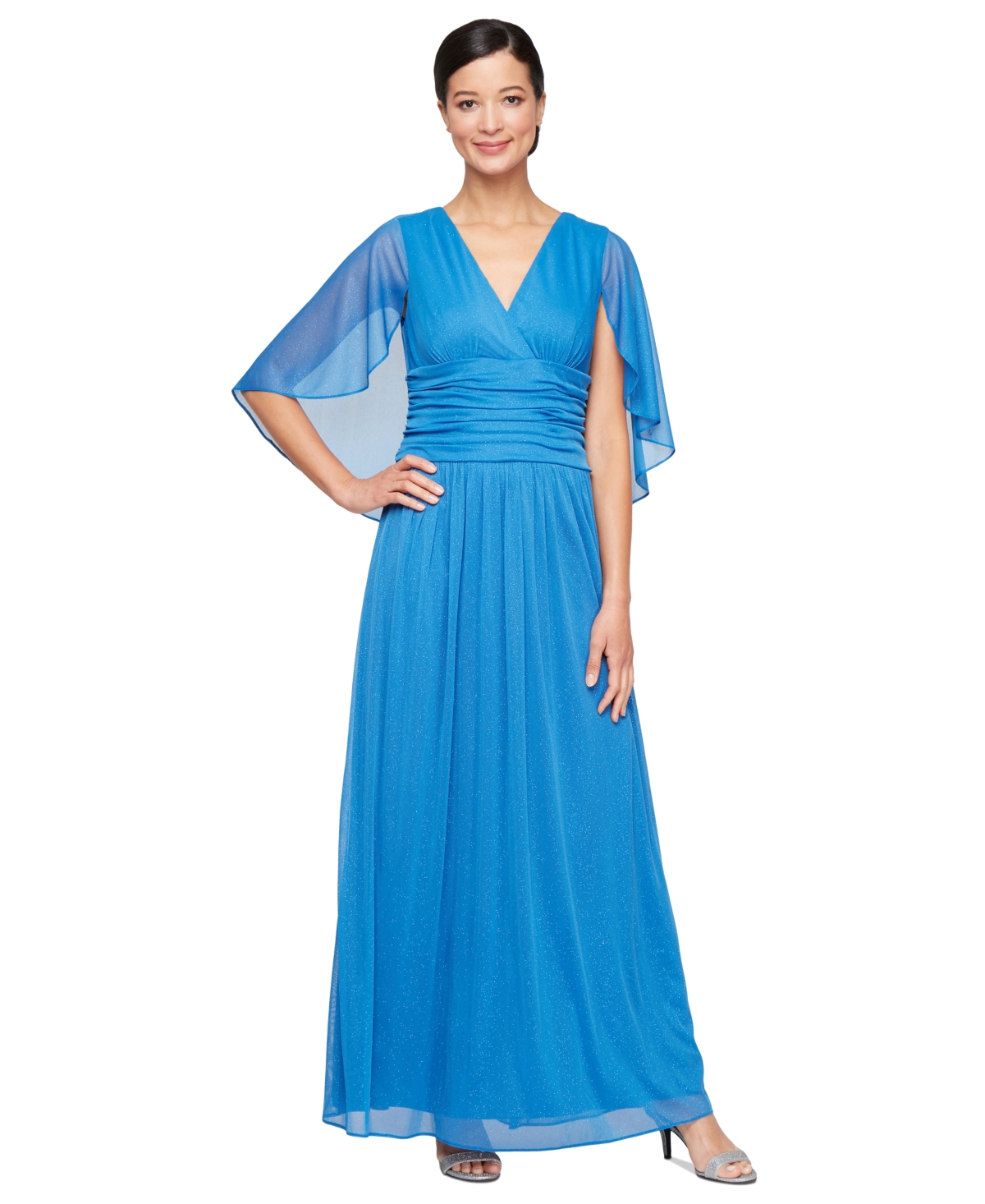 Women's Glitter-Mesh Capelet-Sleeve A-Line Dress - Mid Blue