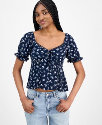 Planet Heart - Juniors' Sweetheart-Neck Puff-Sleeve Top