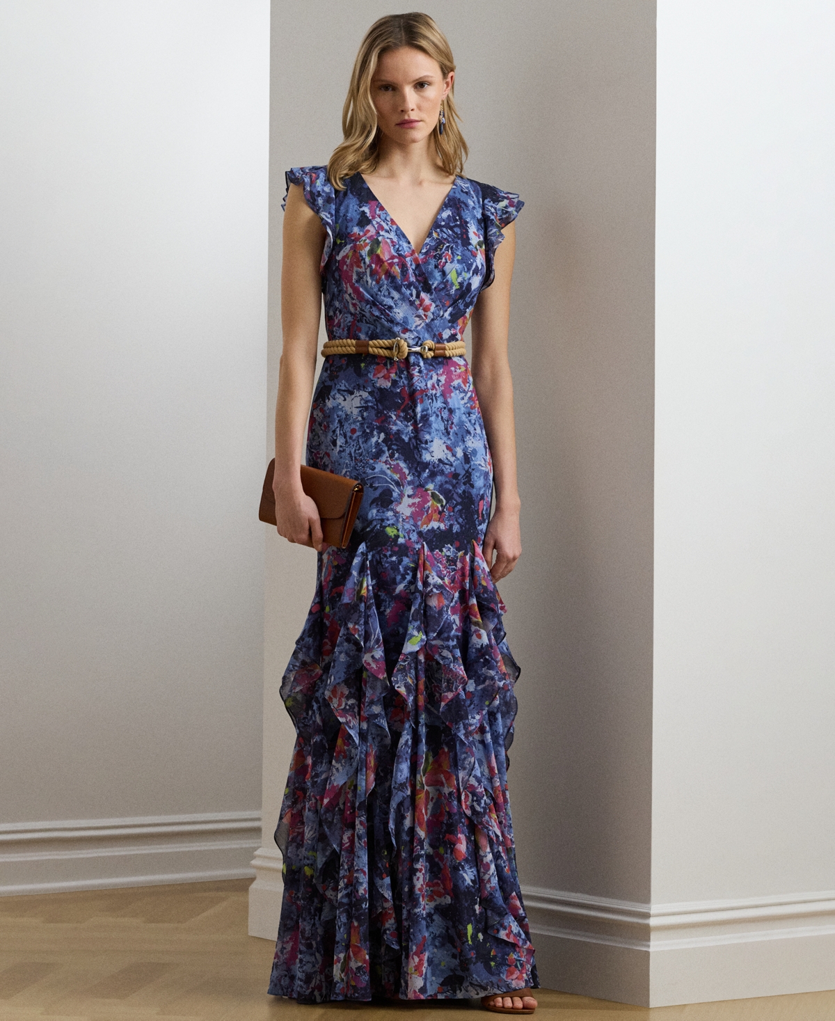 Ralph Lauren Print Ruffle-trim Crinkle Georgette Gown In Blue