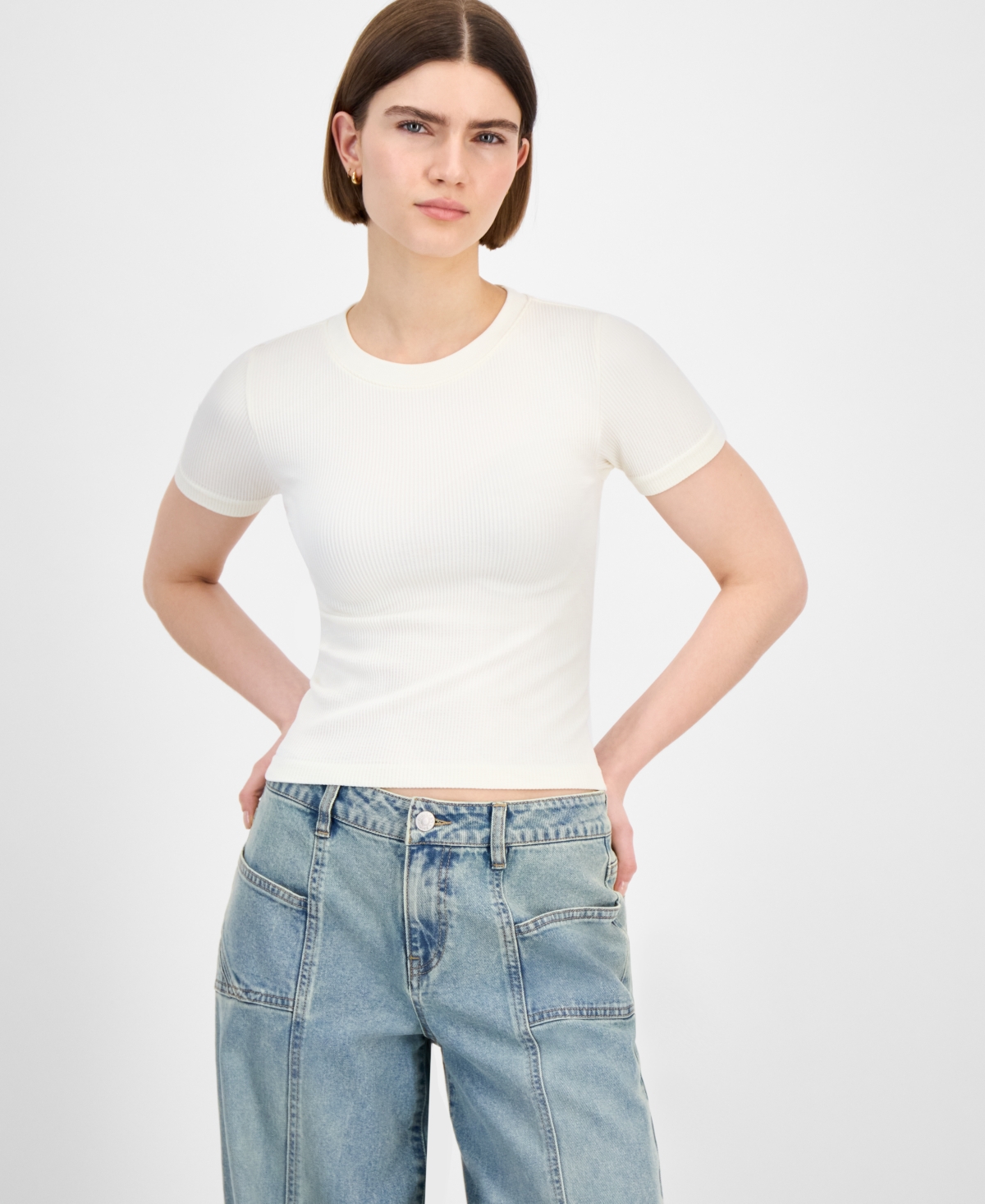 Juniors' Seamless Crewneck Ribbed Tee - Wht/blk Cmb