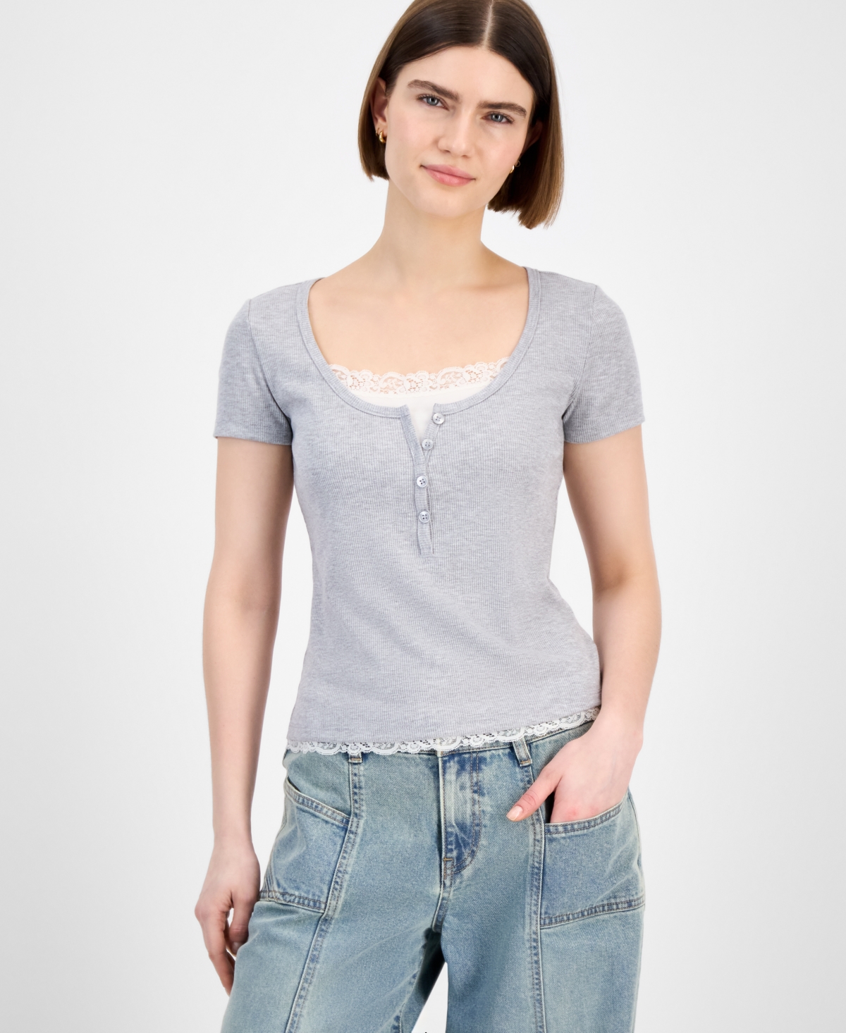 Juniors' Lace-Trim Layered Henley T-Shirt - Grey/White Combo
