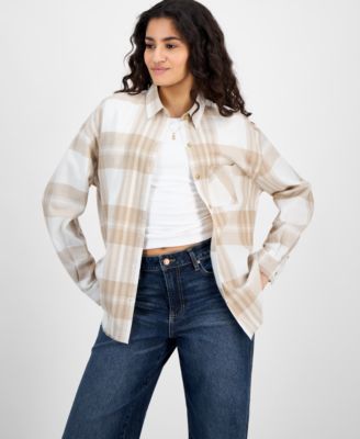 Juniors' Girlfriend Frayed-Hem Plaid Shirt
