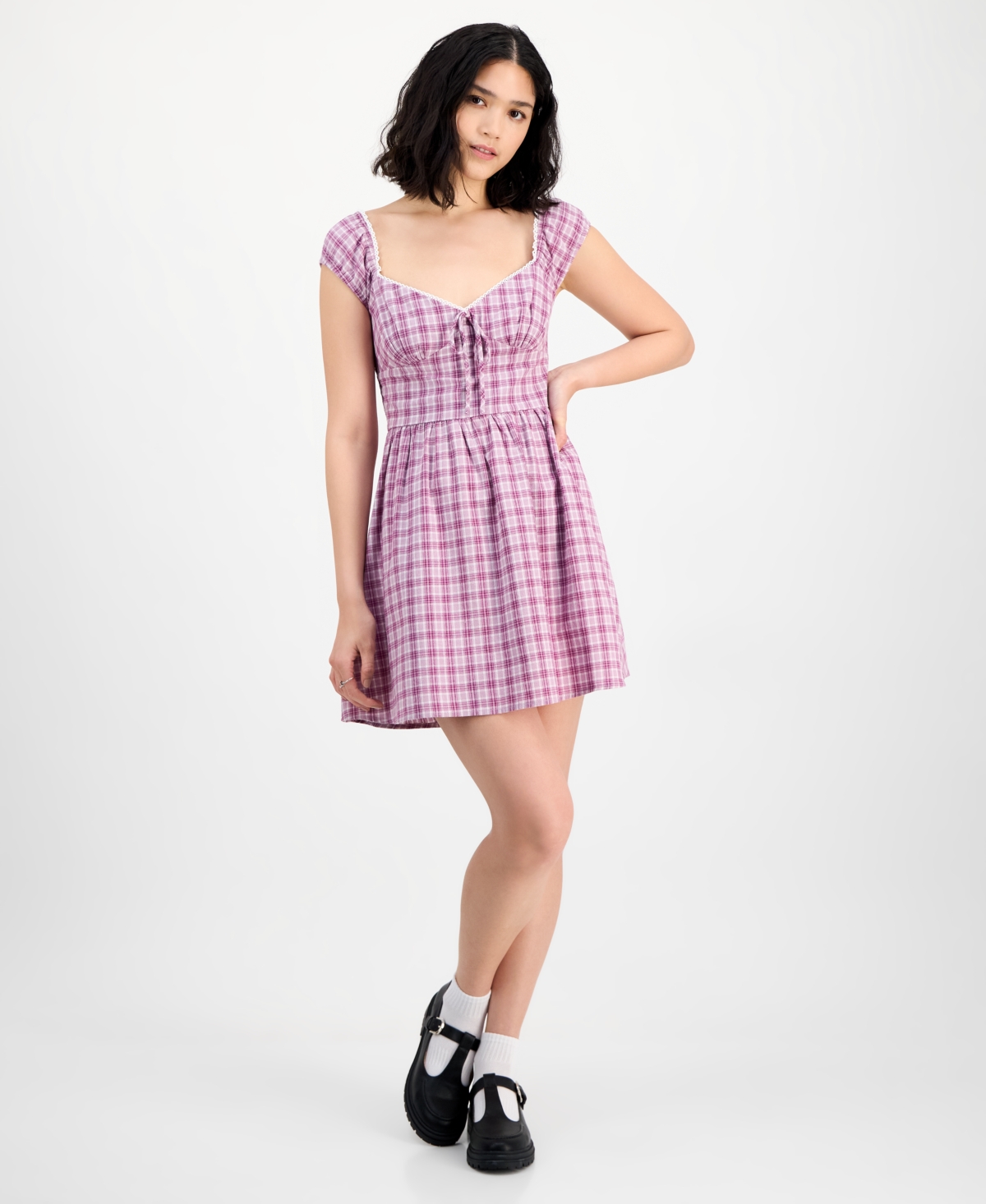 Juniors' Plaid Cotton Mini Dress - Pink Plaid