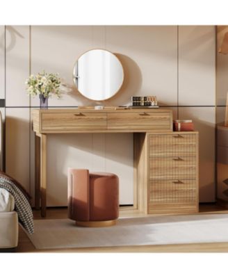 Modern Vanity Desk with Storage,Makeup Vanity Desk with 5 Drawers,(Without Mirror), Walnut Brown