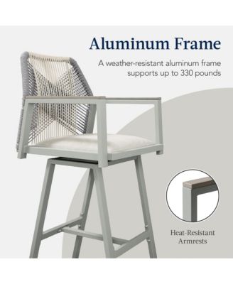 Set of 2 Indoor/Outdoor Aluminum, Woven Rope Swivel Barstools w/ Armrests