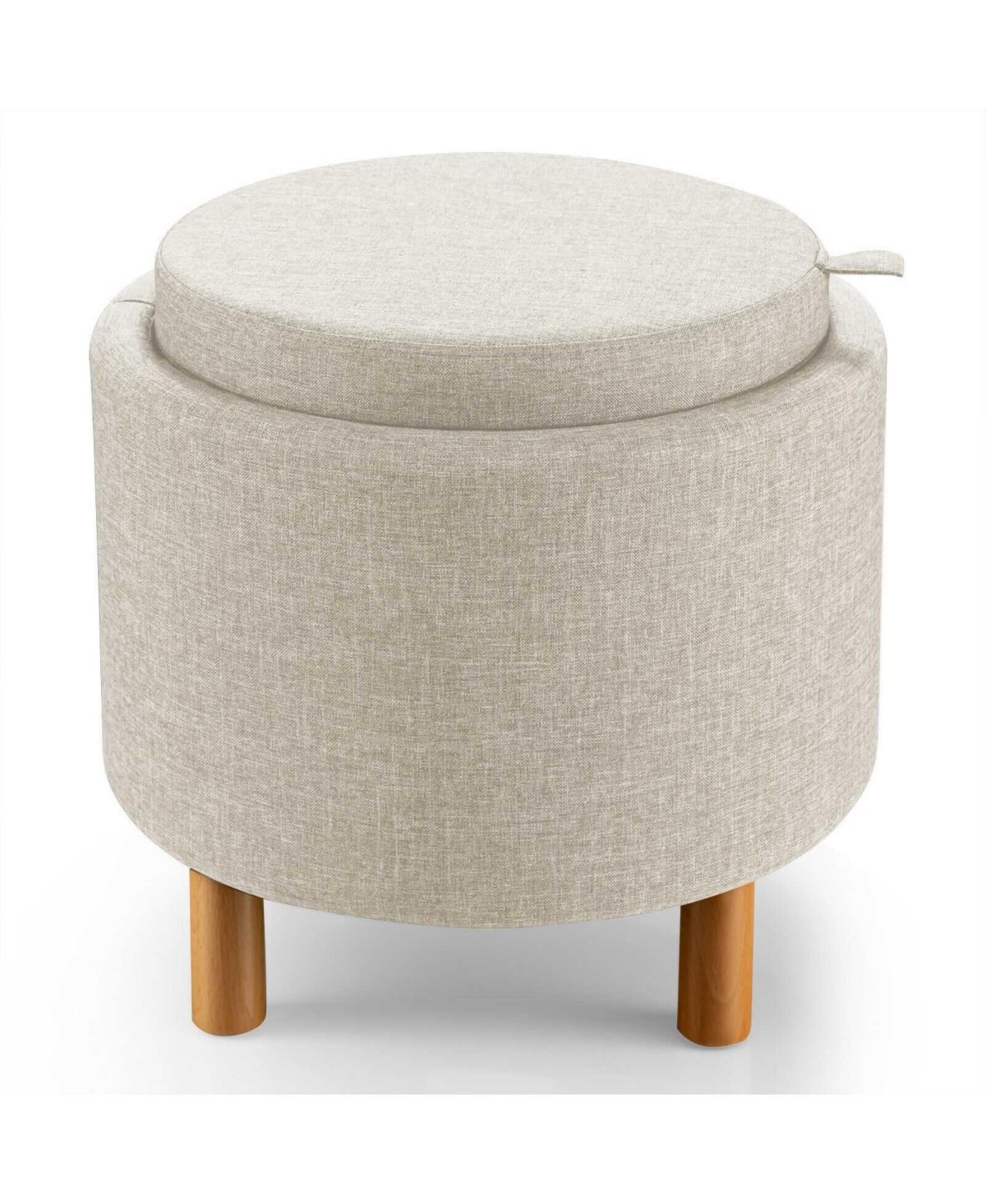 Round Fabric Storage Ottoman with Tray and Non-Slip Pads for Bedroom - Beige/khaki