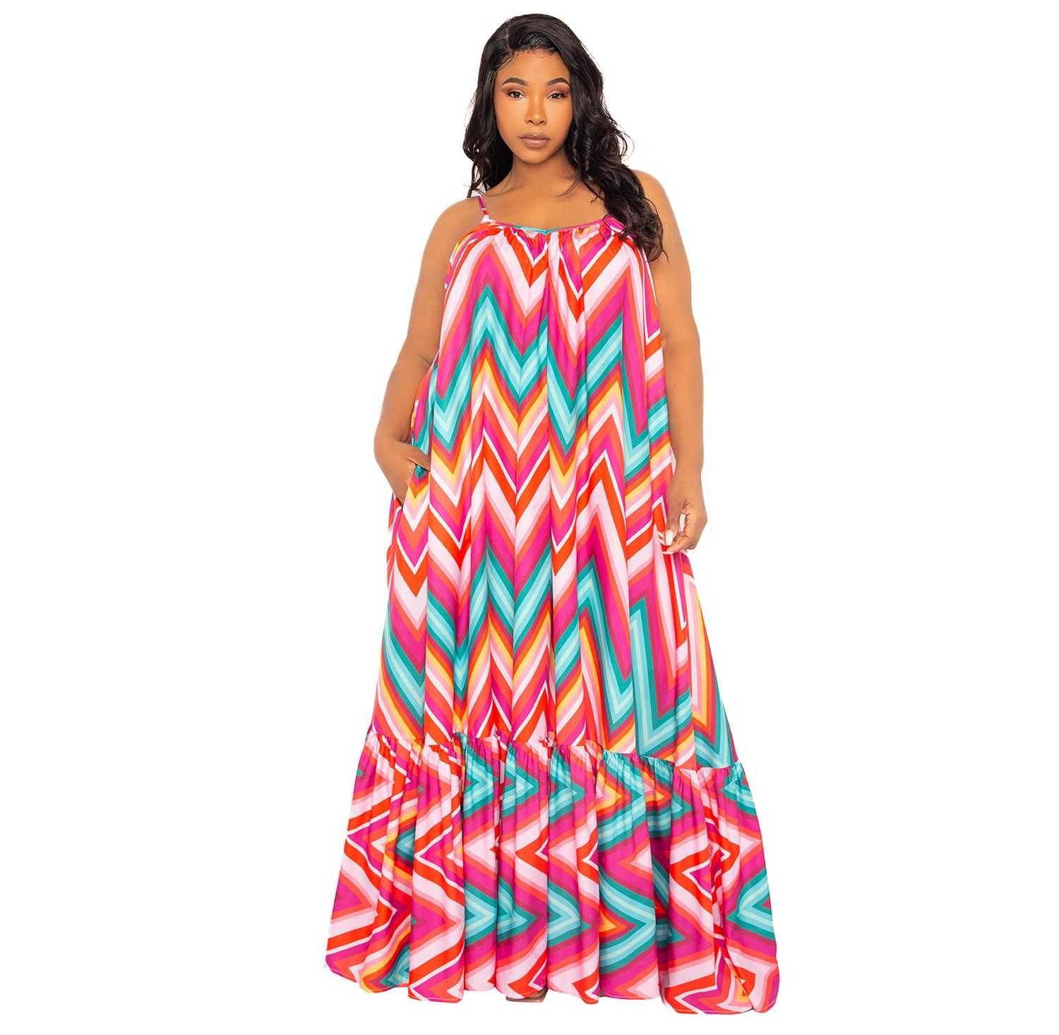 Plus Size Chevron Voluminous Maxi Dress