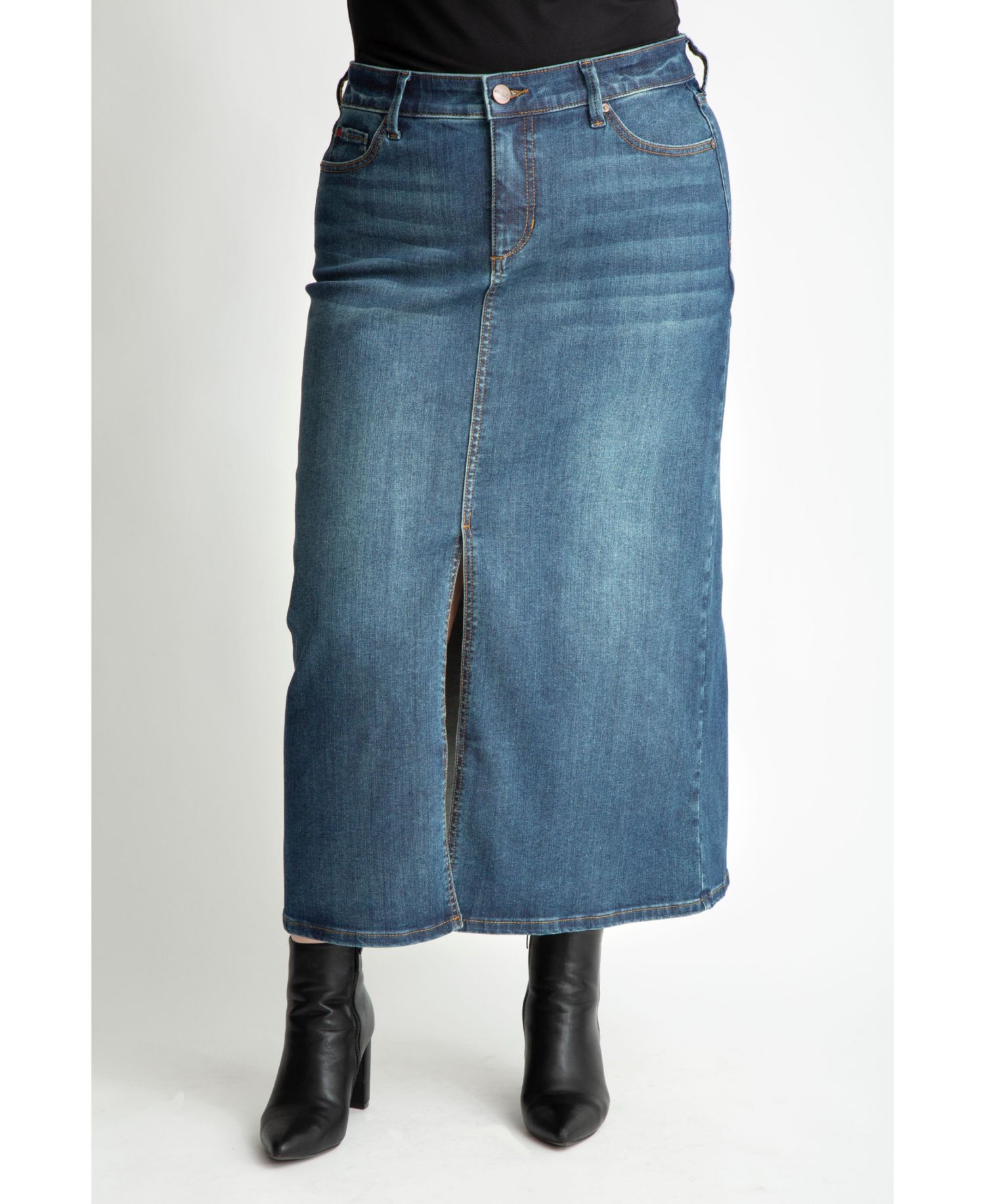 Plus Size Denim Maxi Skirt in 37"length with front slit - Brielle