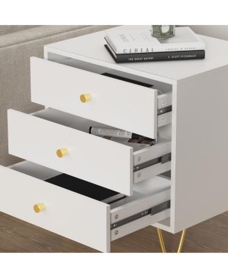 1 PC wooden Bedside table with three drawers, gold handles and feet - side table