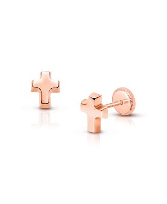 Children's 14K Gold Simple Cross Studs Girls' Screw Back Earrings