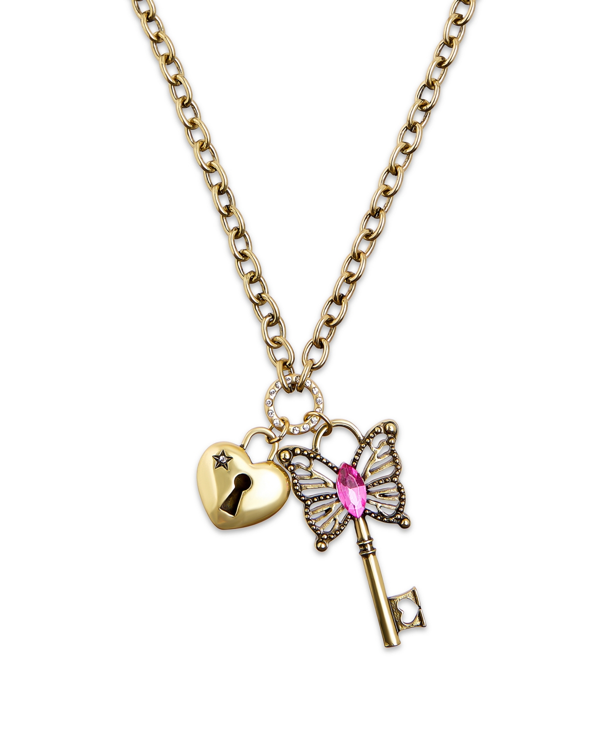 Betsey Johnson Faux Stone Boho Butterfly Key Charm Pendant Necklace In Pink,antique Brass