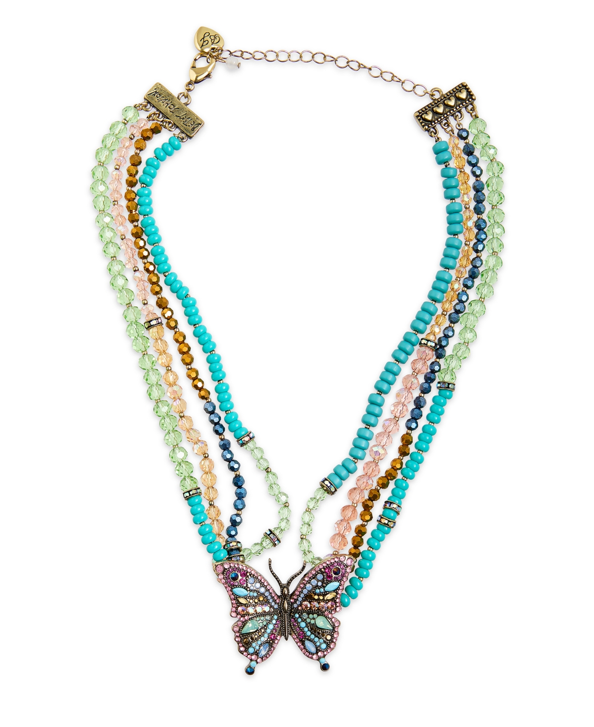 Faux Stone Boho Butterfly Beaded Statement Necklace - Multi, Antique Brass
