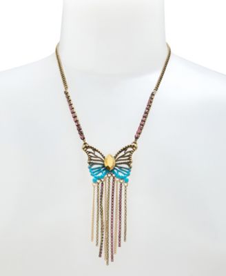 Faux Stone Boho Butterfly Fringe Pendant Necklace