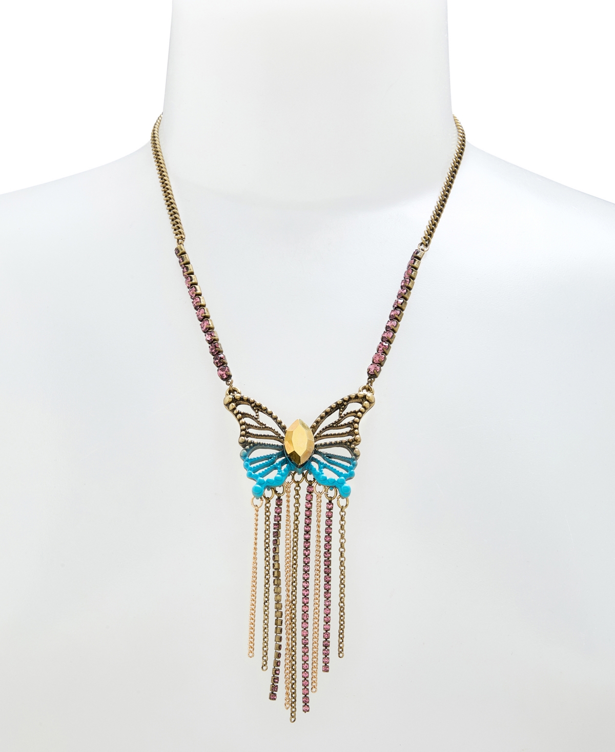 BETSEY JOHNSON FAUX STONE BOHO BUTTERFLY FRINGE PENDANT NECKLACE 