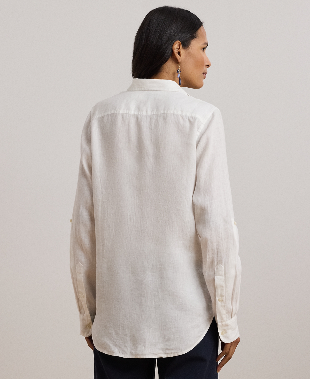 Ralph Lauren 100 Linen Womens Relaxed Fit Print Roll Tab Sleeve Shirt P Xs 3x In White
