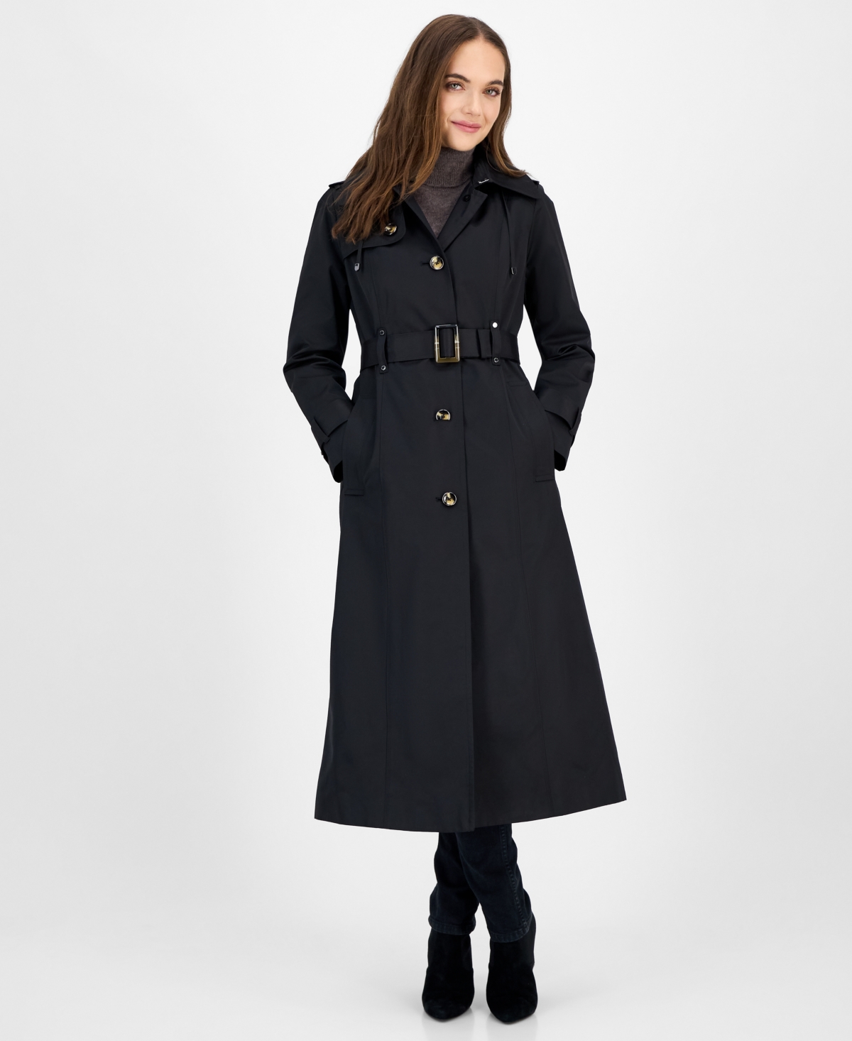 Women's Hooded Belted Maxi Trench Coat - British Khaki