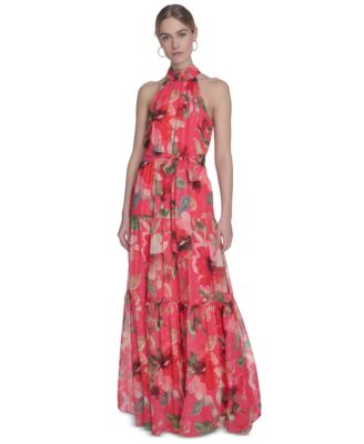Eliza J - Women's Printed Sleeveless Tie-Waist Chiffon Gown
