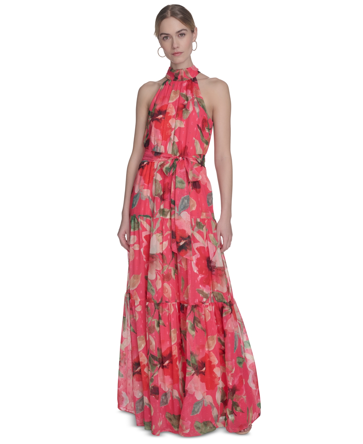 Women's Printed Sleeveless Tie-Waist Chiffon Gown - Pink