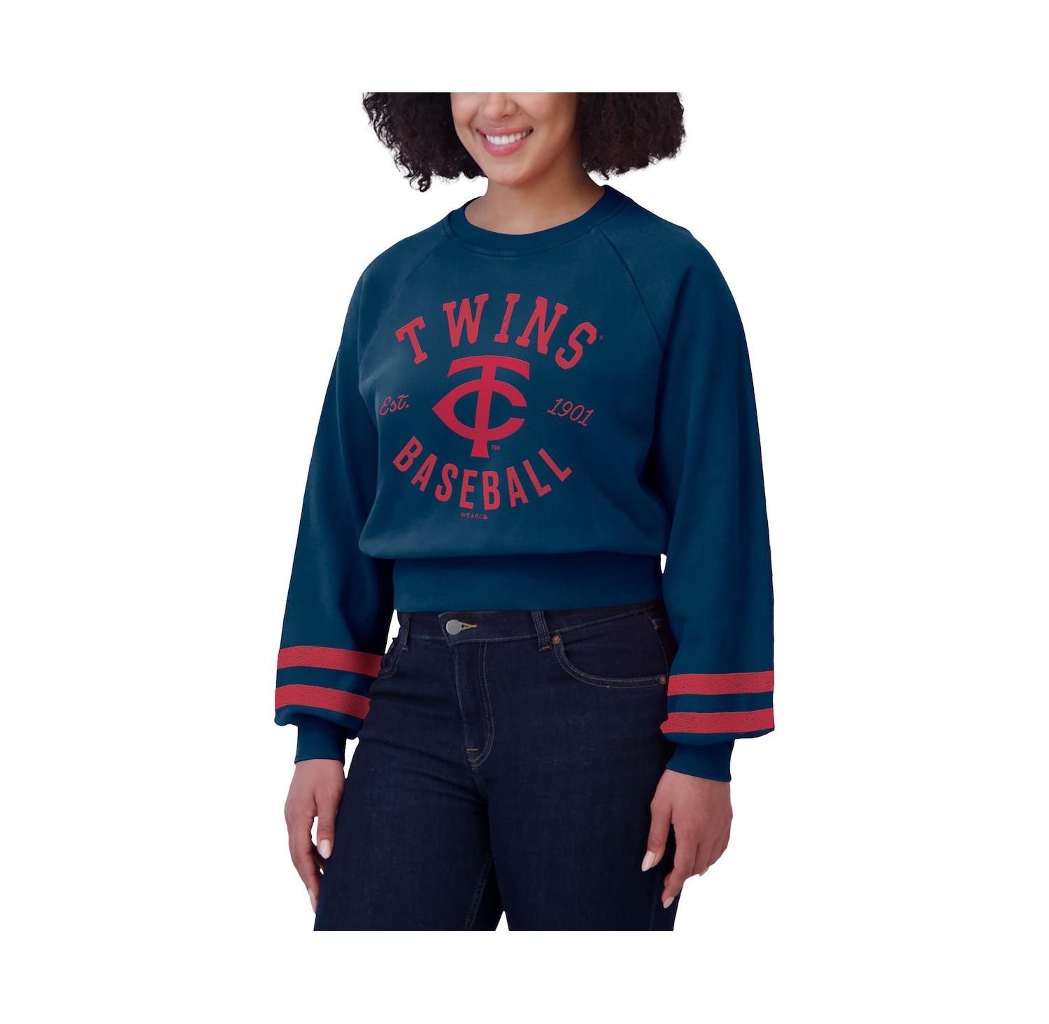 Women's Navy Minnesota Twins Vintage Washed Cropped Pullover Sweatshirt